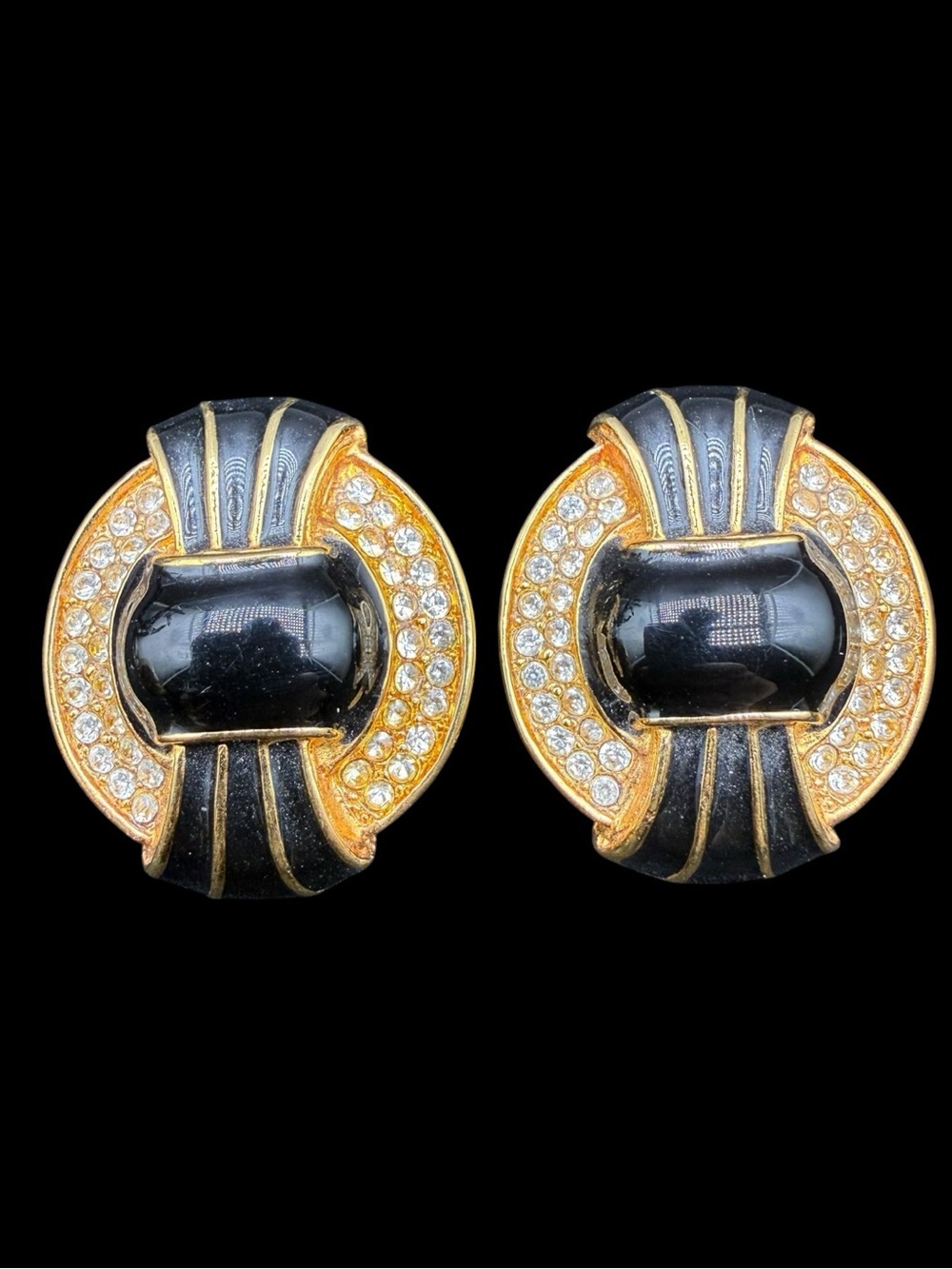 Vintage Kenneth Jay Lane Gold and Black Crystal Clip-On Earrings